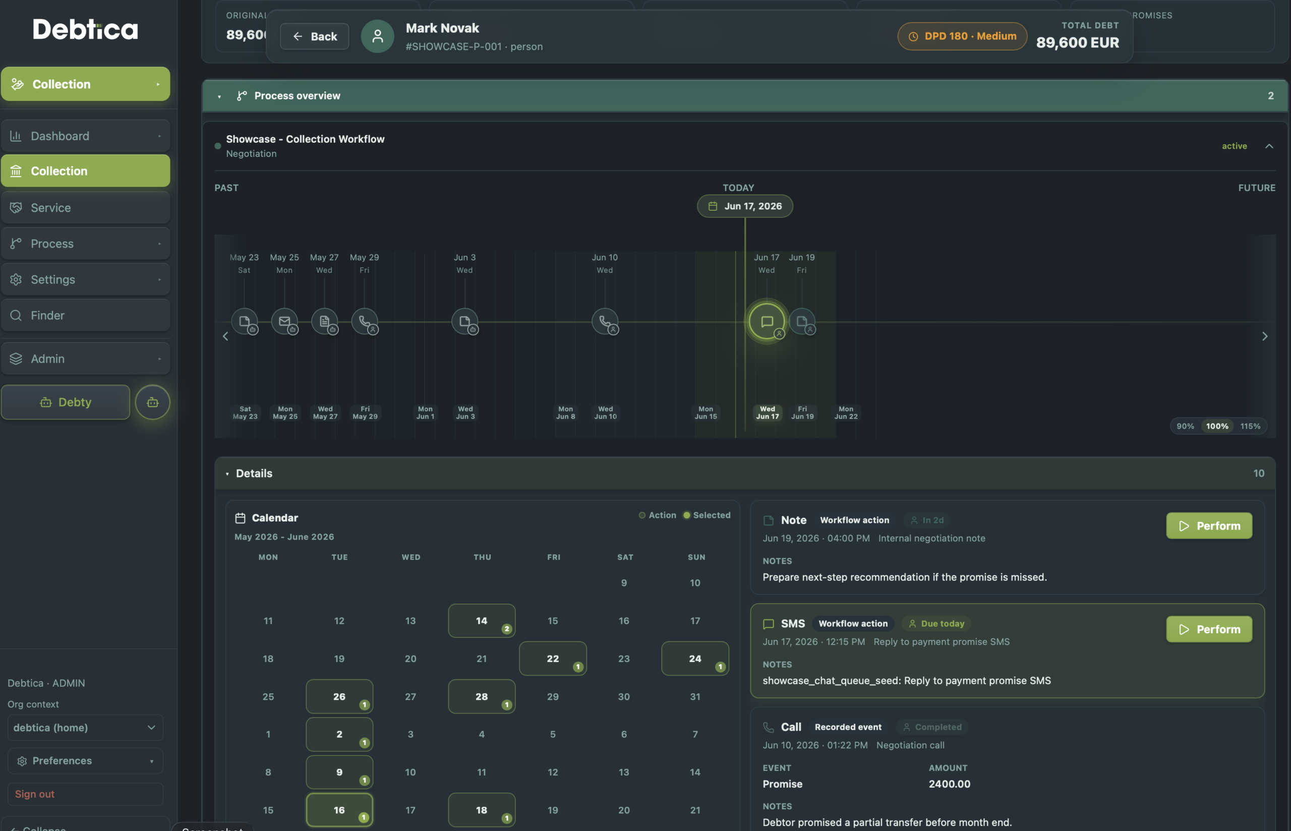 Debtica Collection timeline showing scheduled actions, messages, promises and calendar work