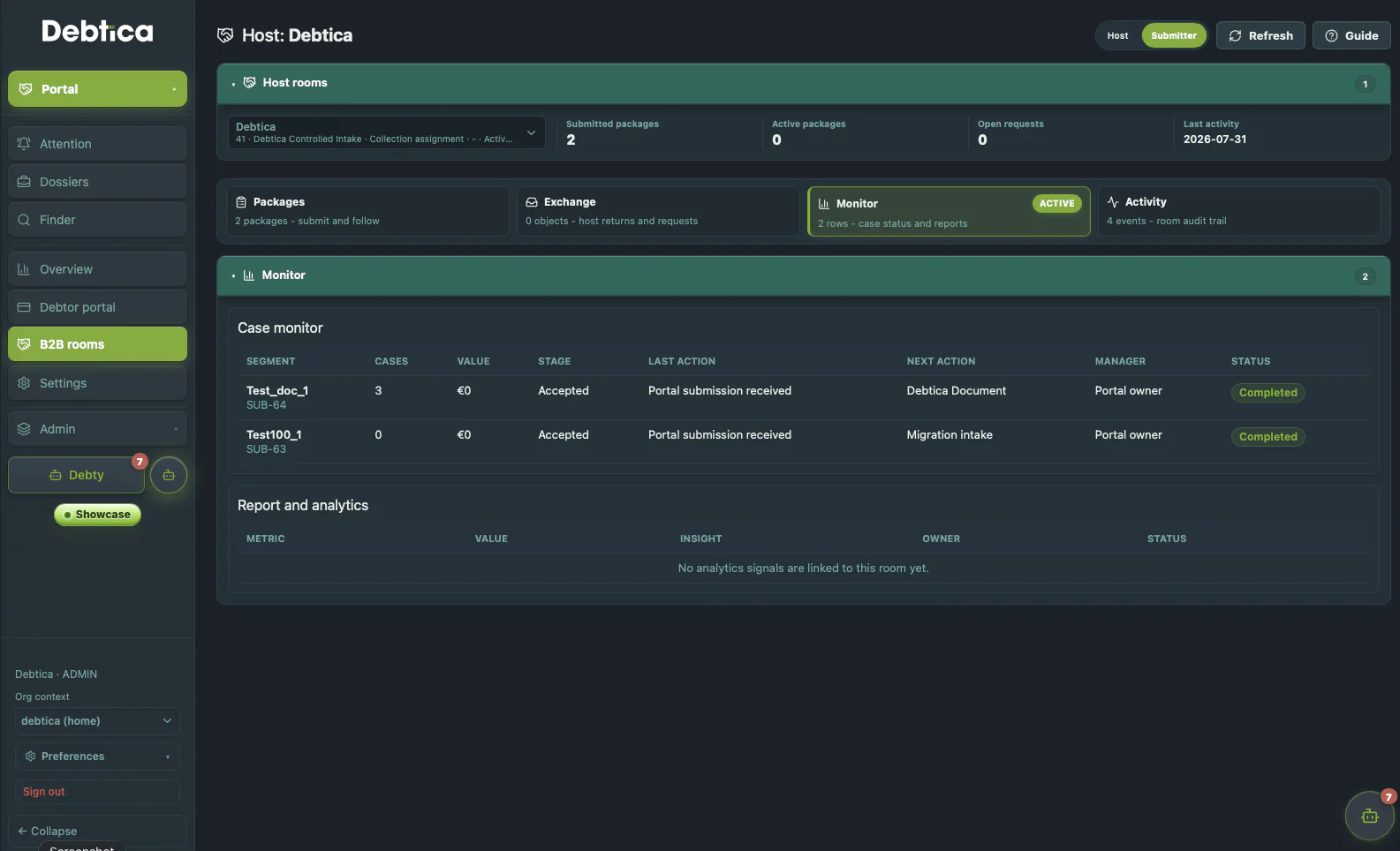 Debtica Portal B2B-Monitor mit Paketstatus, nächsten Aktionen und Raumaktivitäten