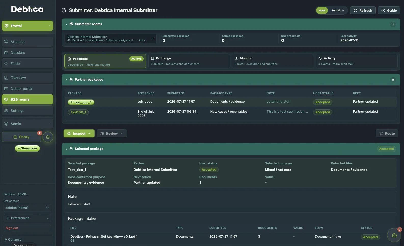 Debtica Portal B2B room with controlled packages, exchange, monitoring and audit activity