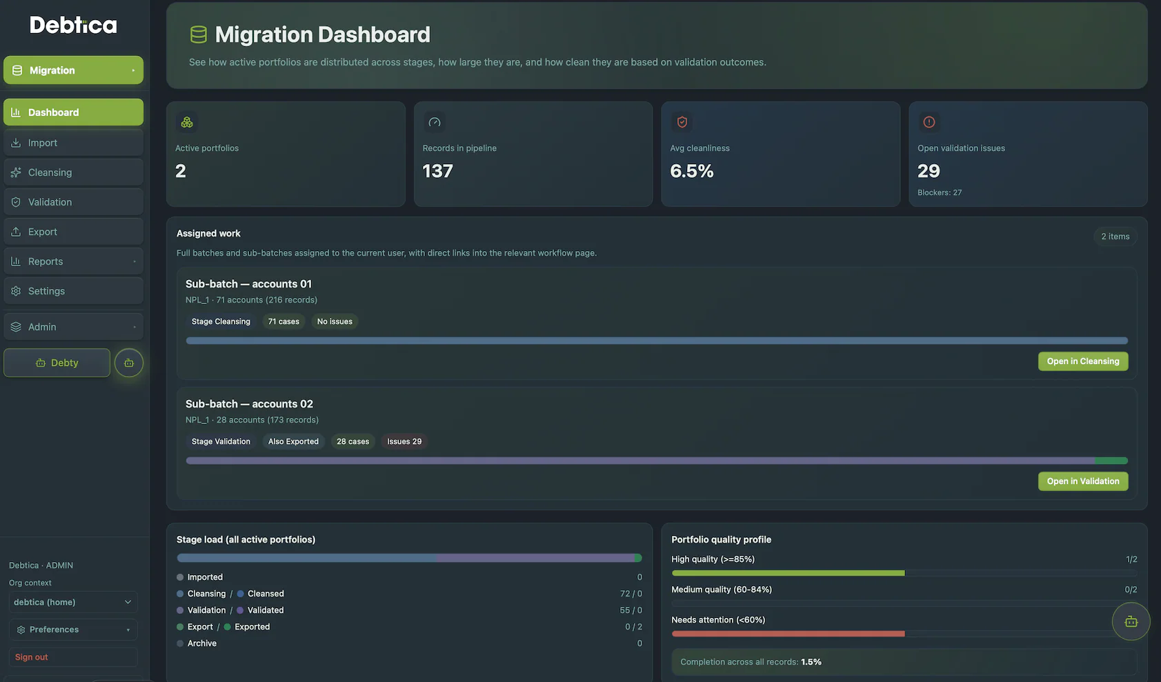 Debtica Migration dashboard with active batches and validation quality