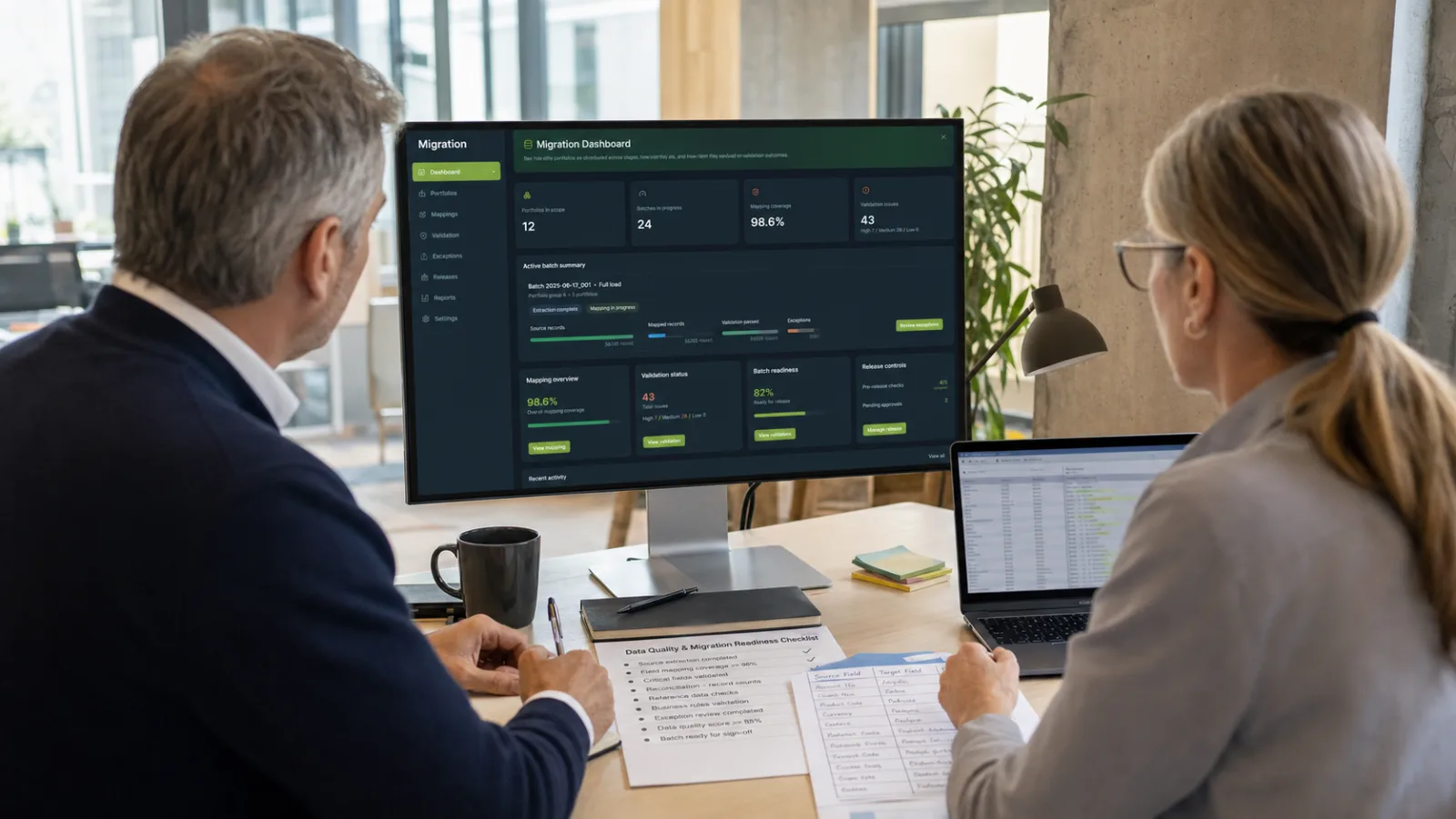 Business and data specialists reviewing a controlled Debtica portfolio migration