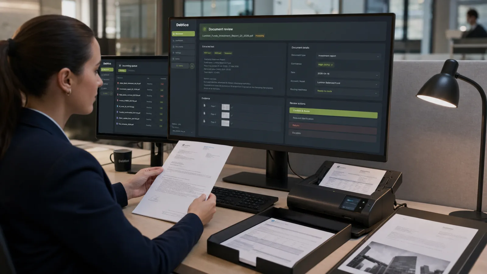Dokumentenspezialistin prüft extrahierte Inhalte und Routing-Nachweise in Debtica