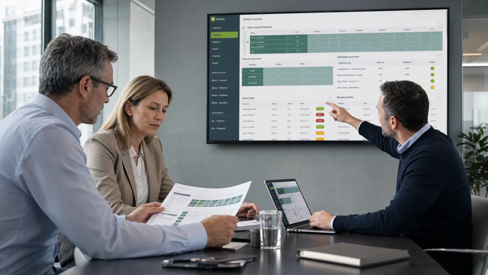 Financial-services leaders reviewing governed portfolio operations in Debtica