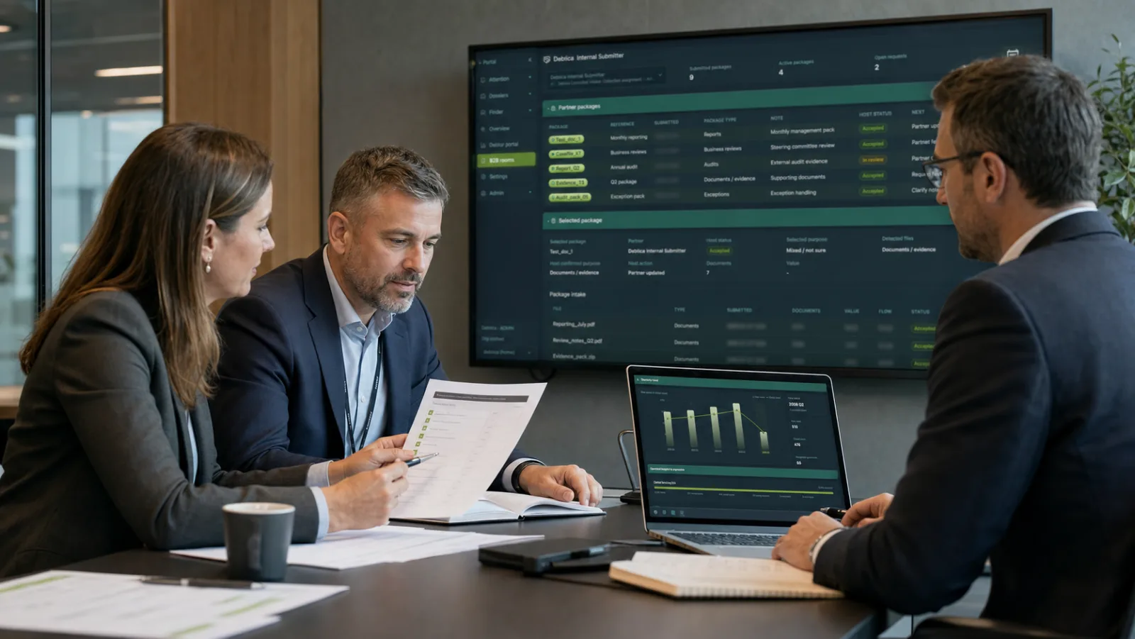 Host and partner teams reviewing controlled submissions and reporting in Debtica