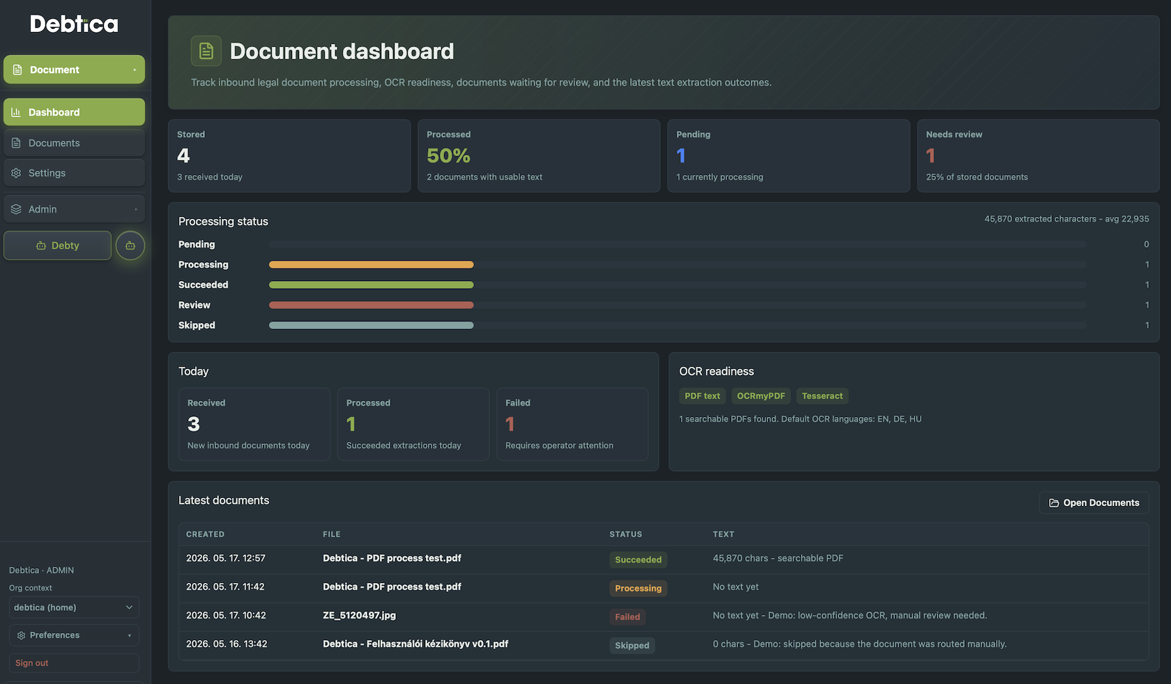 Debtica Document module dashboard screenshot