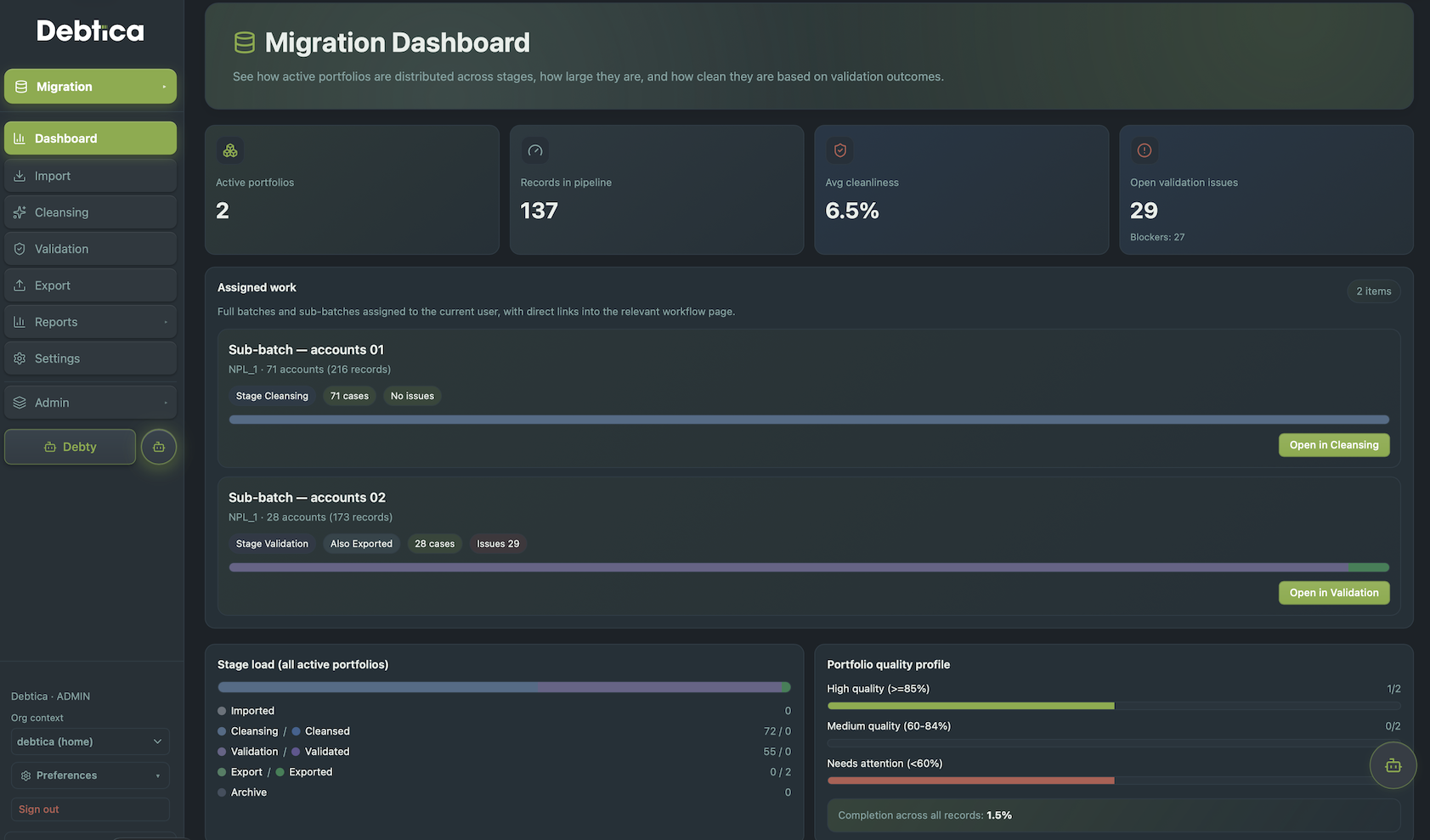 Debtica Migration module dashboard screenshot